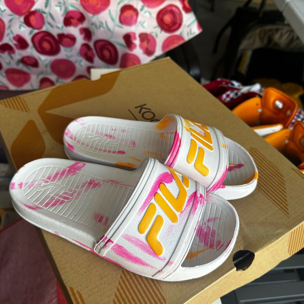 Fila White Slides with Pink and Orange Accents